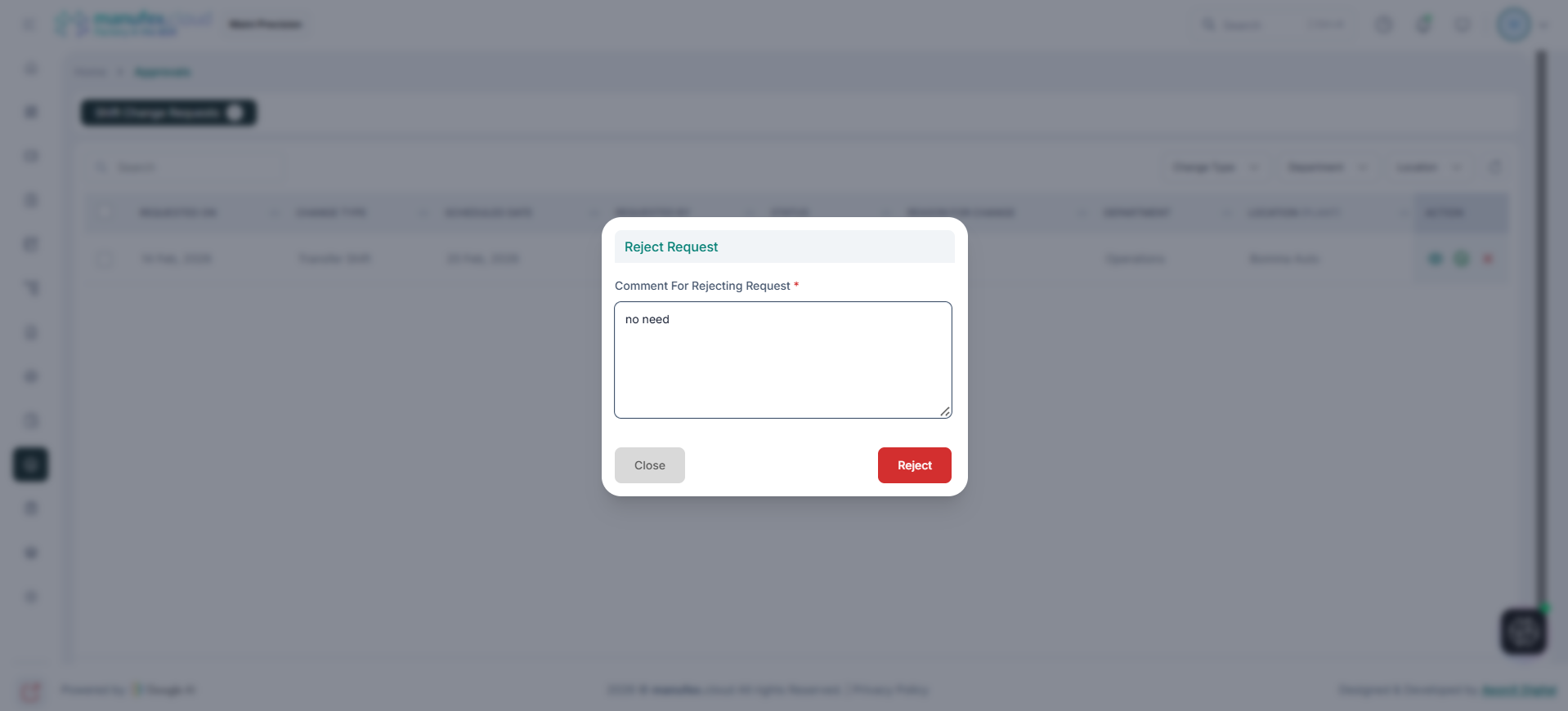Reject request popup