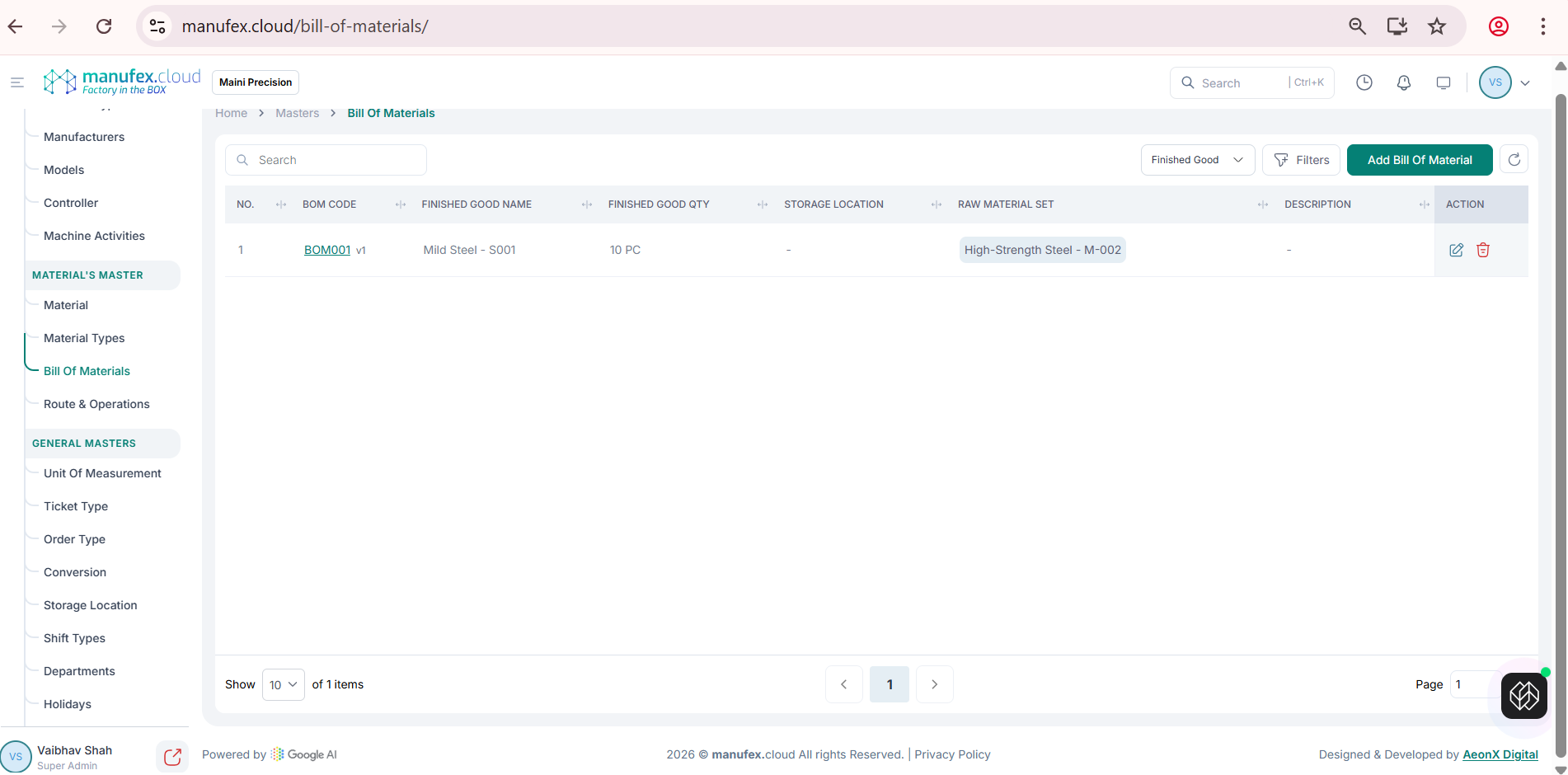 Bill of materials list