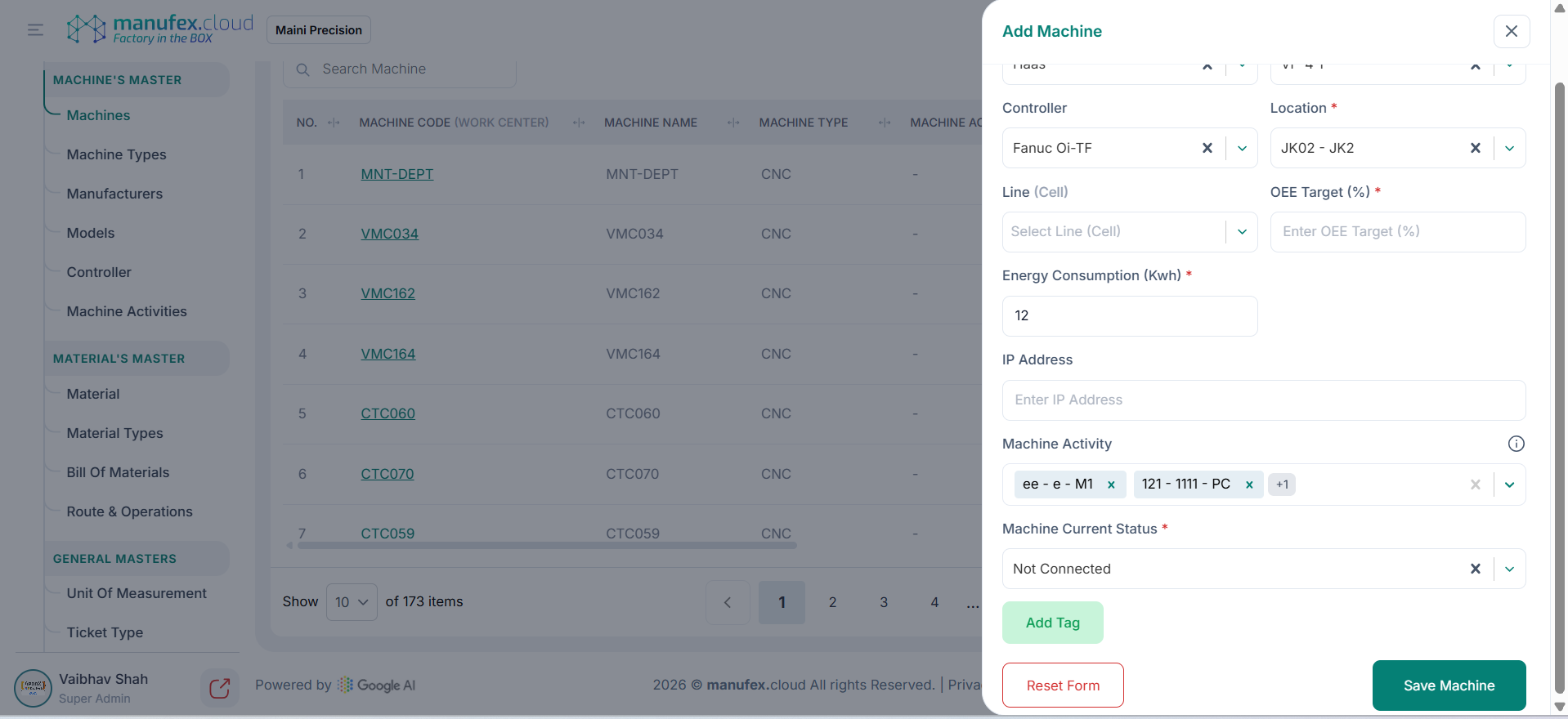Add machine form (additional fields)