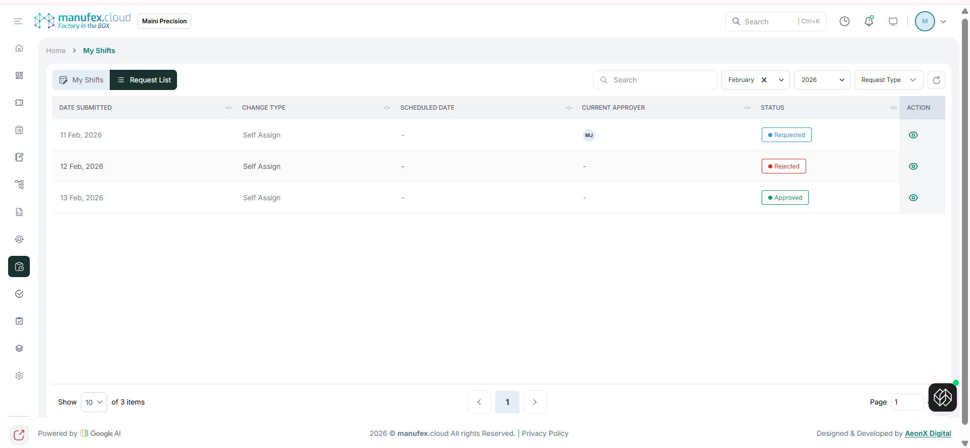 My Shift request list