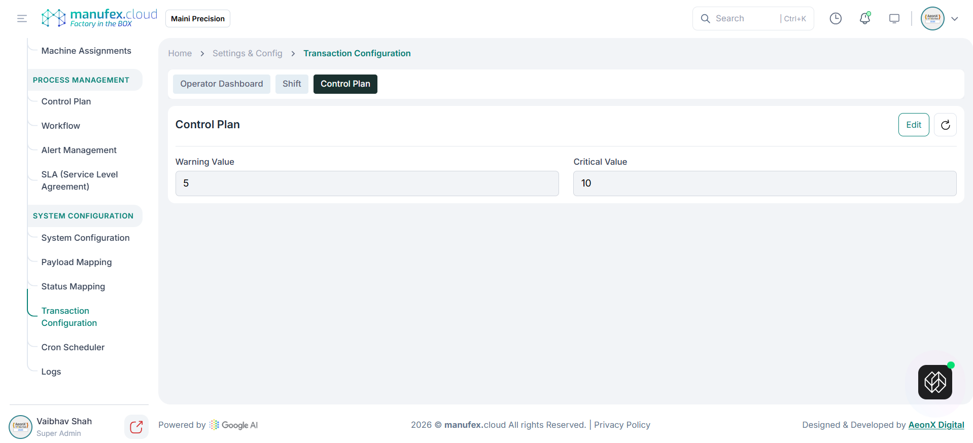 Transaction configuration - control plan