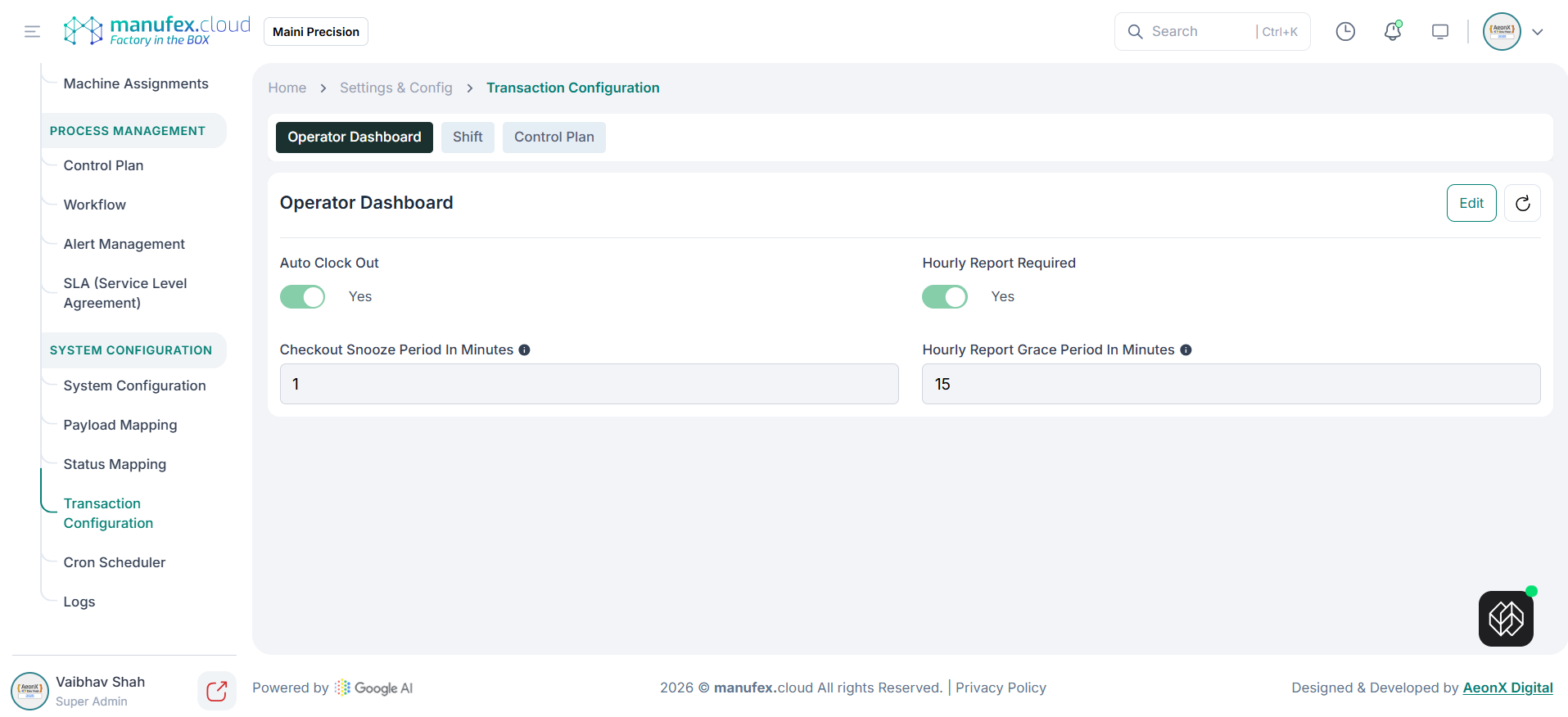 Transaction configuration - operator dashboard