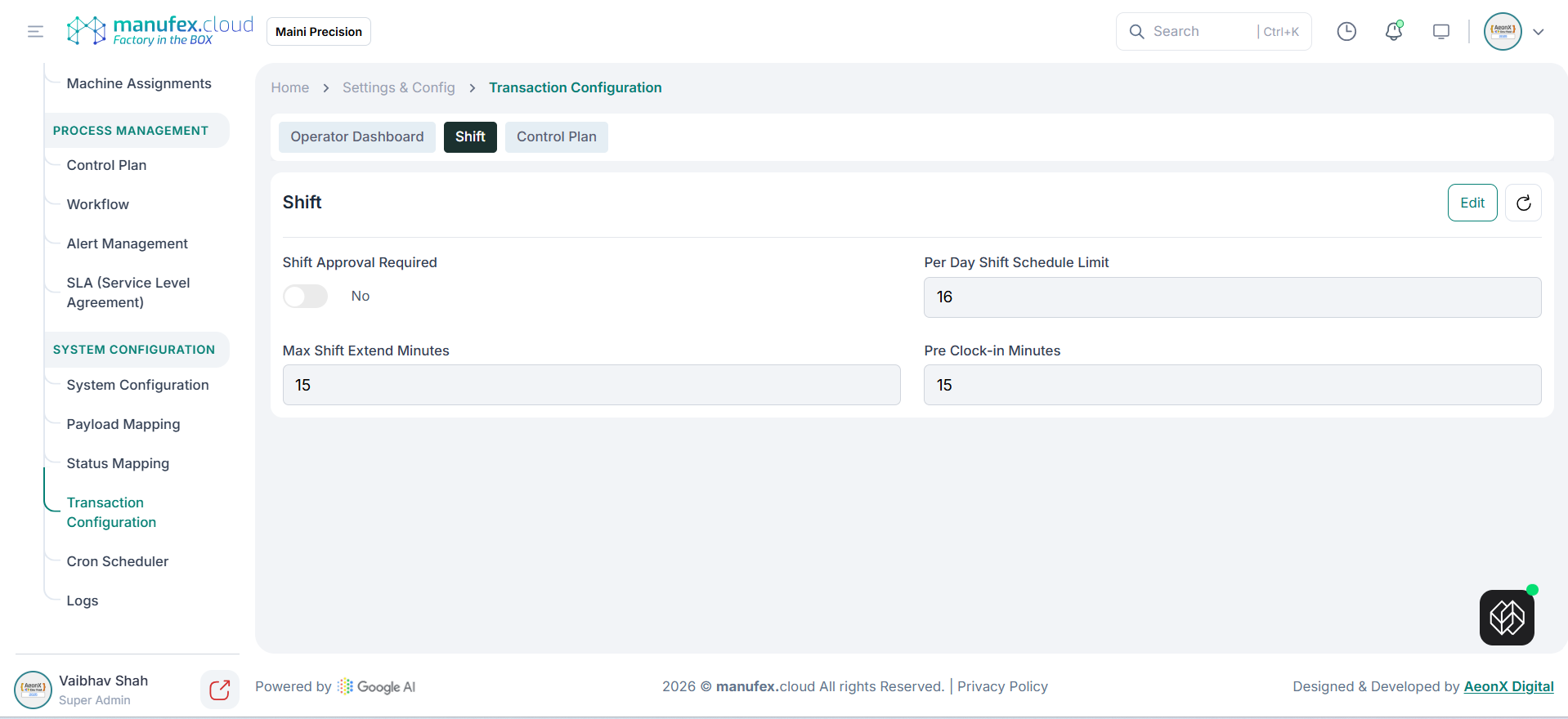 Transaction configuration - shift